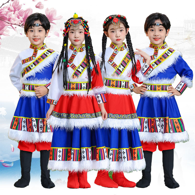 Dječji etnički tibetanski scenski kostim, poliester tkanina, 80% poliester, sve sezone