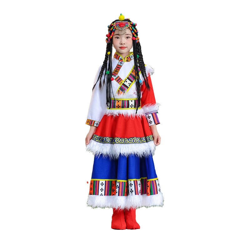 Dječji etnički tibetanski scenski kostim, poliester tkanina, 80% poliester, sve sezone