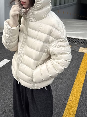 Γυναικείο μπουφάν με κουκούλα, νάιλον ύφασμα, χαλαρή γραμμή, περιεκτικότητα σε πούπουλα 86–90%, γέμισμα 101–200 g