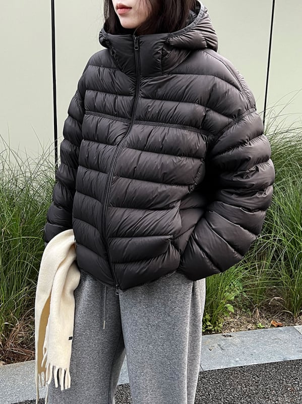 Γυναικείο μπουφάν με κουκούλα, νάιλον ύφασμα, χαλαρή γραμμή, περιεκτικότητα σε πούπουλα 86–90%, γέμισμα 101–200 g