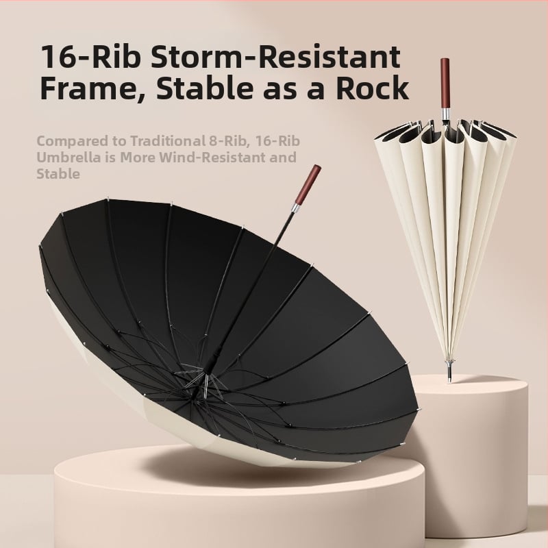 Umbrelă cu mâner lung, 16 arce, mâner din lemn, ramă din fibră, ax central din oțel, deschidere automată