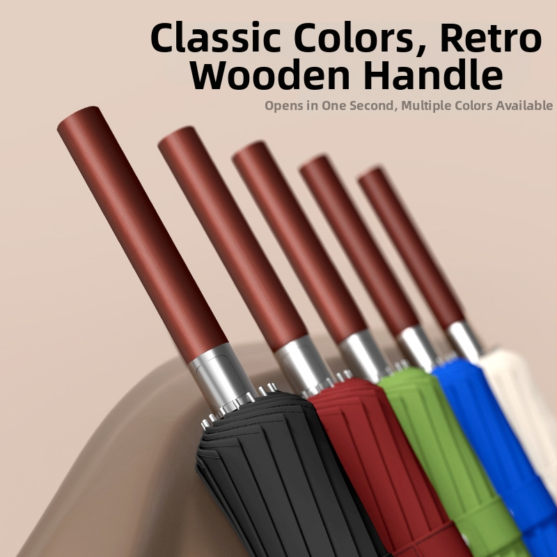 Umbrelă cu mâner lung, 16 arce, mâner din lemn, ramă din fibră, ax central din oțel, deschidere automată