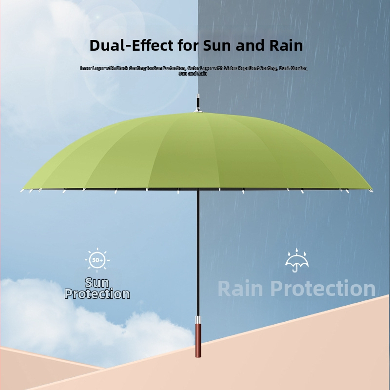 Umbrelă cu mâner lung, 16 arce, mâner din lemn, ramă din fibră, ax central din oțel, deschidere automată