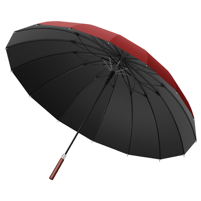 Umbrelă cu mâner lung, 16 arce, mâner din lemn, ramă din fibră, ax central din oțel, deschidere automată