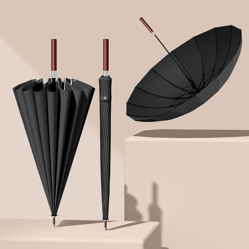 Umbrelă cu mâner lung, 16 arce, mâner din lemn, ramă din fibră, ax central din oțel, deschidere automată