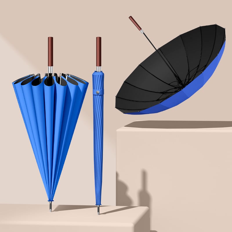 Umbrelă cu mâner lung, 16 arce, mâner din lemn, ramă din fibră, ax central din oțel, deschidere automată