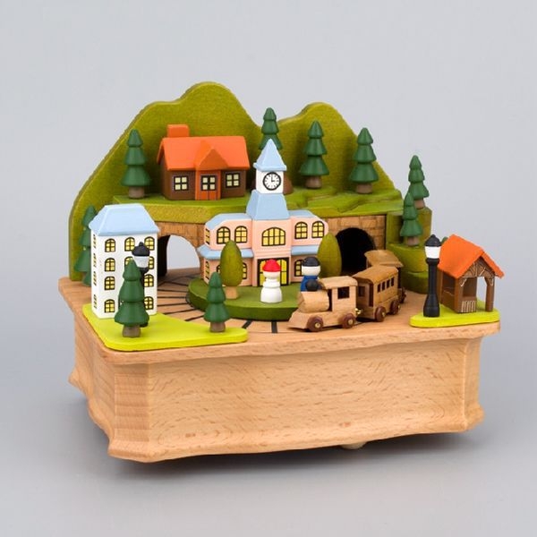 Ξύλινο κουτί μουσικής με μηχανισμό επαναφοράς — χειροποίητο, μικρή γλυκιά φιγούρα ζώου, μοντέρνο μινιμαλιστικό στυλ