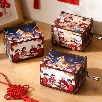 Ξύλινο χειροκίνητο μουσικό κουτί, σειρά Νέου Έτους, καρτούν στυλ, UV εκτύπωση, εκτύπωση λογότυπου, προσαρμογή