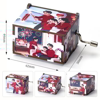 Ξύλινο χειροκίνητο μουσικό κουτί, σειρά Νέου Έτους, καρτούν στυλ, UV εκτύπωση, εκτύπωση λογότυπου, προσαρμογή