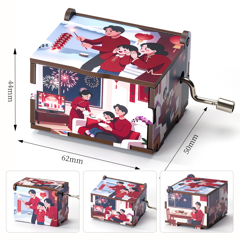 Ξύλινο χειροκίνητο μουσικό κουτί, σειρά Νέου Έτους, καρτούν στυλ, UV εκτύπωση, εκτύπωση λογότυπου, προσαρμογή