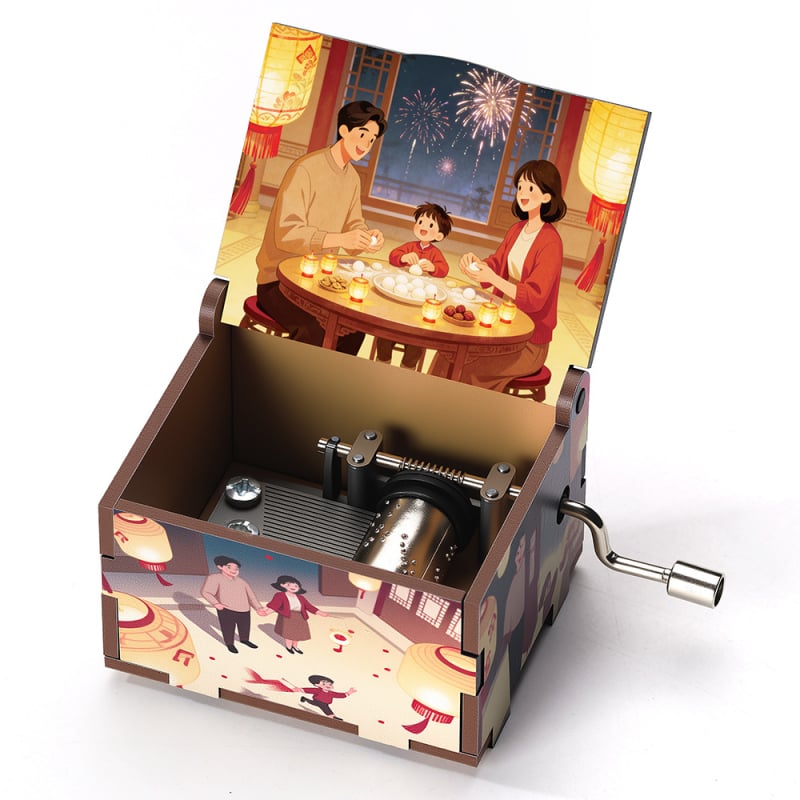 Ξύλινο χειροκίνητο μουσικό κουτί, σειρά Νέου Έτους, καρτούν στυλ, UV εκτύπωση, εκτύπωση λογότυπου, προσαρμογή