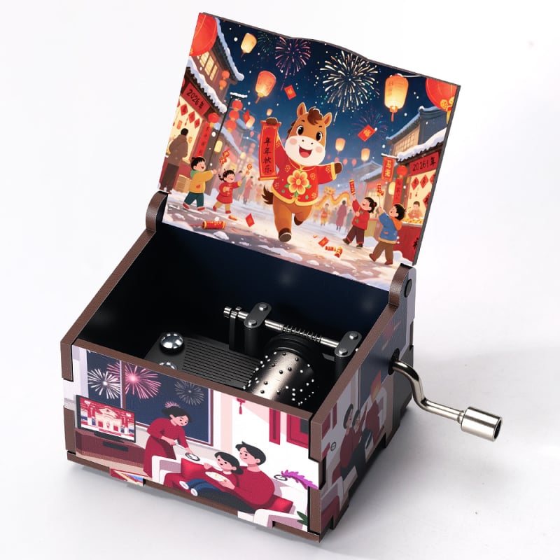 Ξύλινο χειροκίνητο μουσικό κουτί, σειρά Νέου Έτους, καρτούν στυλ, UV εκτύπωση, εκτύπωση λογότυπου, προσαρμογή
