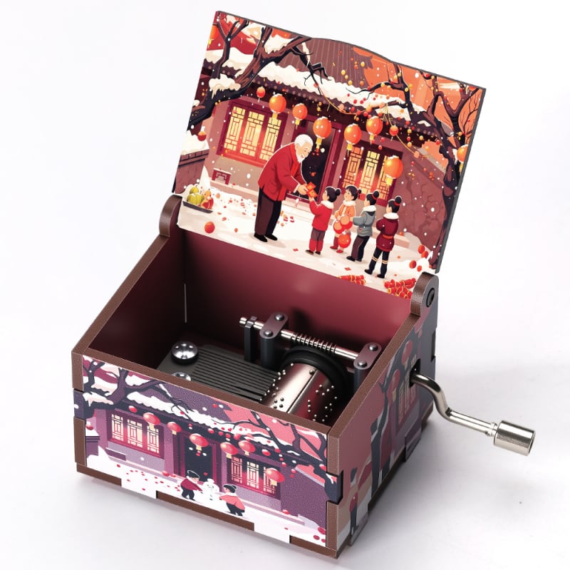 Ξύλινο χειροκίνητο μουσικό κουτί, σειρά Νέου Έτους, καρτούν στυλ, UV εκτύπωση, εκτύπωση λογότυπου, προσαρμογή