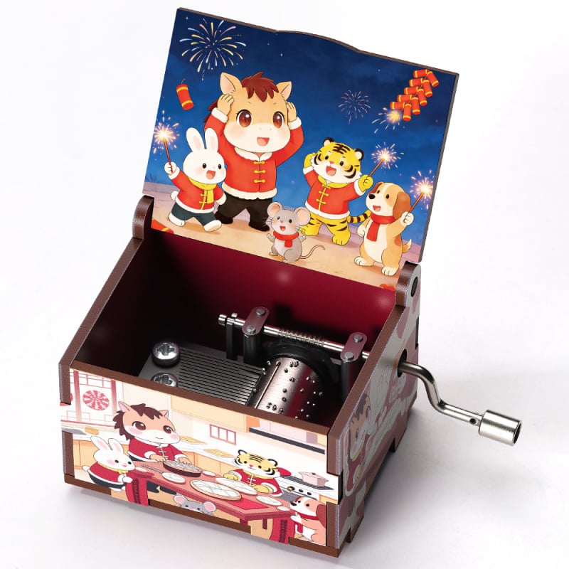 Ξύλινο χειροκίνητο μουσικό κουτί, σειρά Νέου Έτους, καρτούν στυλ, UV εκτύπωση, εκτύπωση λογότυπου, προσαρμογή
