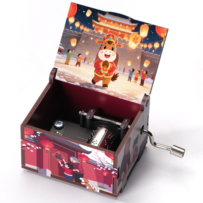 Ξύλινο χειροκίνητο μουσικό κουτί, σειρά Νέου Έτους, καρτούν στυλ, UV εκτύπωση, εκτύπωση λογότυπου, προσαρμογή
