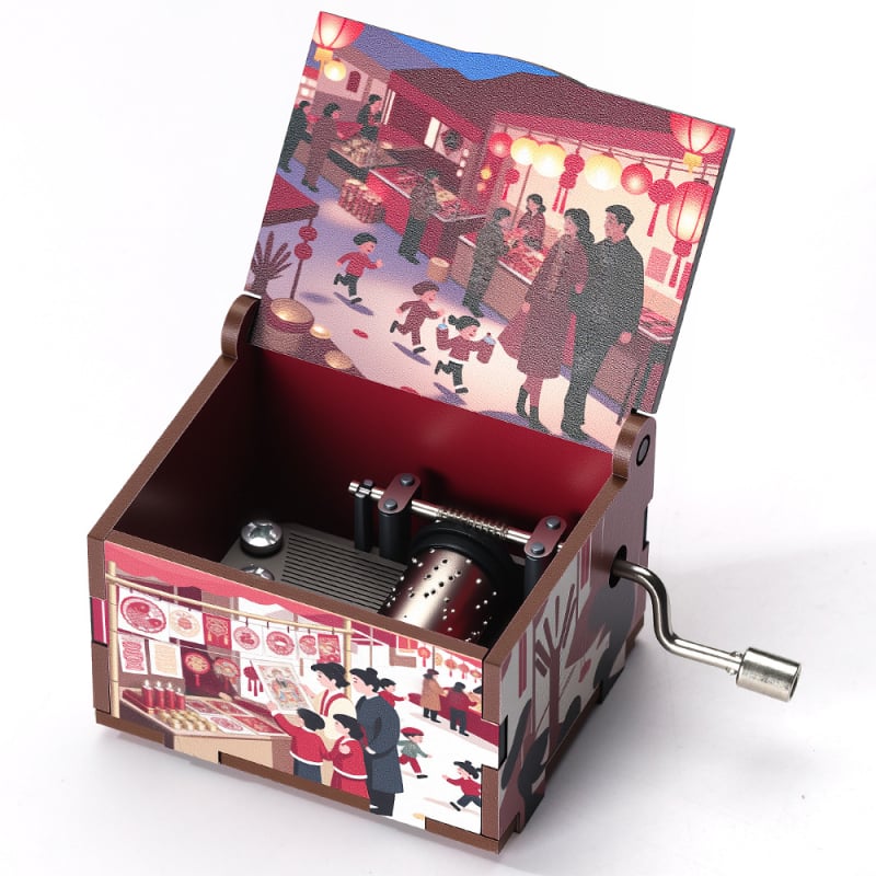Ξύλινο χειροκίνητο μουσικό κουτί, σειρά Νέου Έτους, καρτούν στυλ, UV εκτύπωση, εκτύπωση λογότυπου, προσαρμογή
