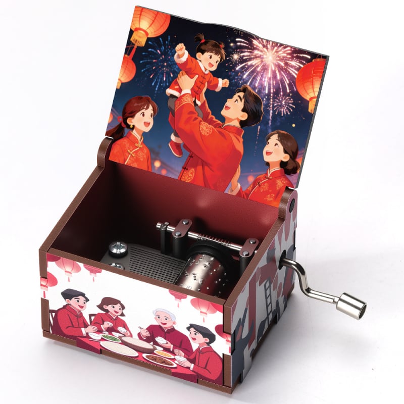 Ξύλινο χειροκίνητο μουσικό κουτί, σειρά Νέου Έτους, καρτούν στυλ, UV εκτύπωση, εκτύπωση λογότυπου, προσαρμογή