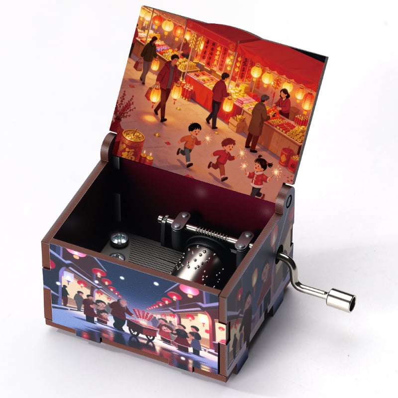 Ξύλινο χειροκίνητο μουσικό κουτί, σειρά Νέου Έτους, καρτούν στυλ, UV εκτύπωση, εκτύπωση λογότυπου, προσαρμογή