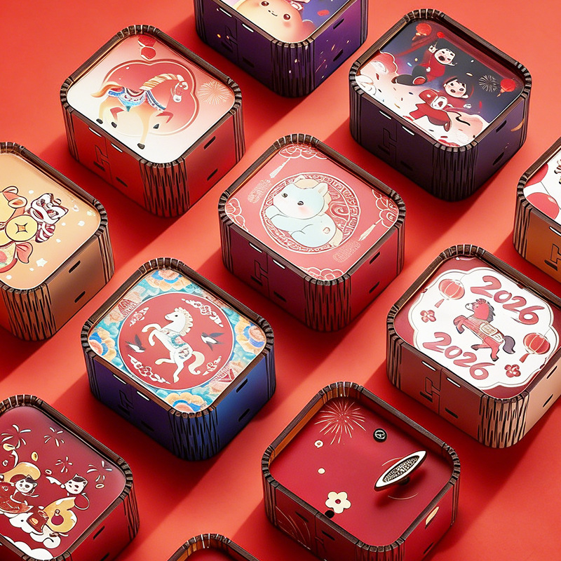 Ξύλινο μίνι μουσικό κουτί με 26 νότες για το Νέο Έτος, καρτούν στυλ, προσαρμοσμένο λογότυπο, εκτύπωση και UV εκτύπωση