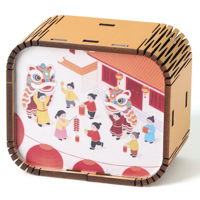 Ξύλινο μίνι μουσικό κουτί με 26 νότες για το Νέο Έτος, καρτούν στυλ, προσαρμοσμένο λογότυπο, εκτύπωση και UV εκτύπωση