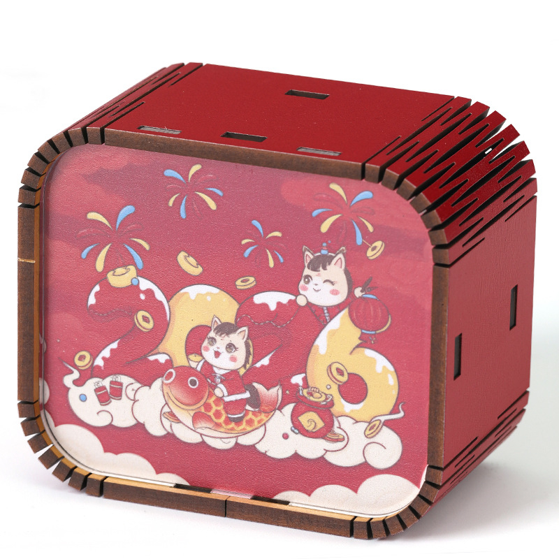 Ξύλινο μίνι μουσικό κουτί με 26 νότες για το Νέο Έτος, καρτούν στυλ, προσαρμοσμένο λογότυπο, εκτύπωση και UV εκτύπωση