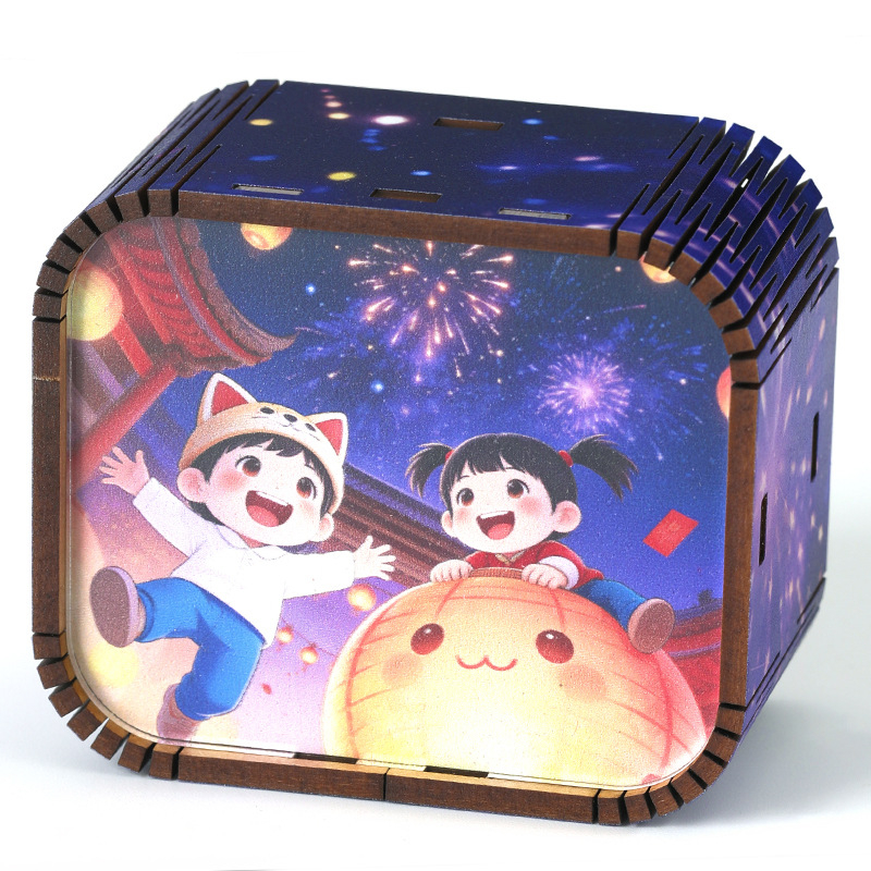 Ξύλινο μίνι μουσικό κουτί με 26 νότες για το Νέο Έτος, καρτούν στυλ, προσαρμοσμένο λογότυπο, εκτύπωση και UV εκτύπωση