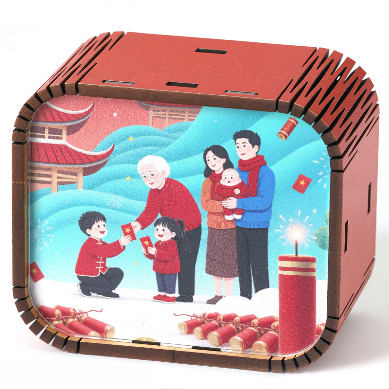 Ξύλινο μίνι μουσικό κουτί με 26 νότες για το Νέο Έτος, καρτούν στυλ, προσαρμοσμένο λογότυπο, εκτύπωση και UV εκτύπωση