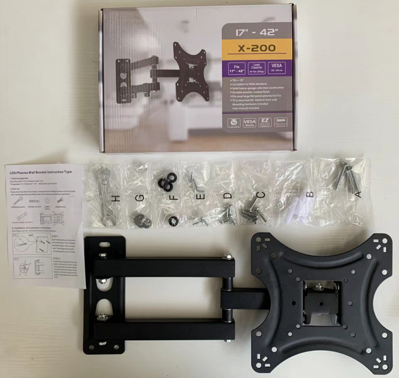 Универсален стенен телескопичен държач за телевизор с въртящо се окачване; подходящ за плоскоекранни телевизори; модел SSX200; материал: студено валцована стомана; тегло 1,7 кг