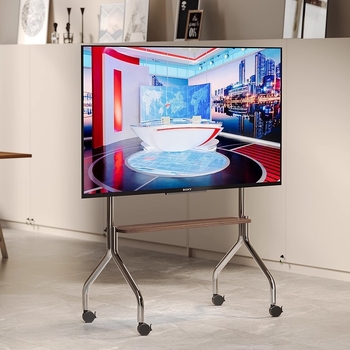 Televizijski podni stalak od nehrđajućeg čelika, orašasto drvene police, mobilni stalak s univerzalnim kotačićima