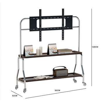 Televizijski podni stalak od nehrđajućeg čelika, orašasto drvene police, mobilni stalak s univerzalnim kotačićima
