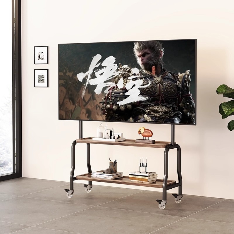 Televizijski podni stalak od nehrđajućeg čelika, orašasto drvene police, mobilni stalak s univerzalnim kotačićima