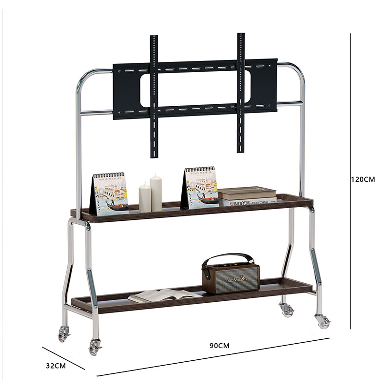 Televizijski podni stalak od nehrđajućeg čelika, orašasto drvene police, mobilni stalak s univerzalnim kotačićima