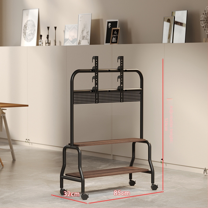 Televízny stojan na podlahe s nerezovým rámom, orechové drevené poličky, mobilný vozík s univerzálnymi kolieskami