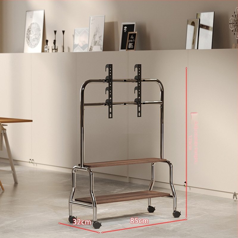 Televízny stojan na podlahe s nerezovým rámom, orechové drevené poličky, mobilný vozík s univerzálnymi kolieskami