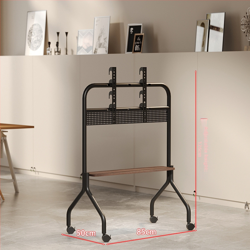 Televízny stojan na podlahe s nerezovým rámom, orechové drevené poličky, mobilný vozík s univerzálnymi kolieskami