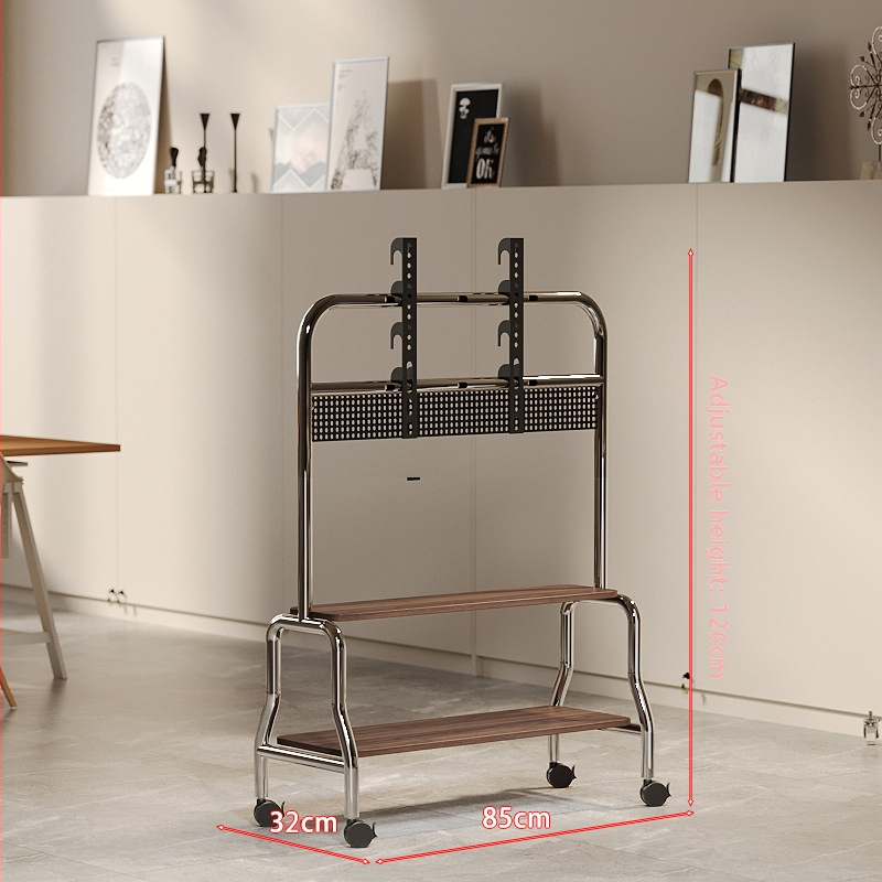 Televízny stojan na podlahe s nerezovým rámom, orechové drevené poličky, mobilný vozík s univerzálnymi kolieskami