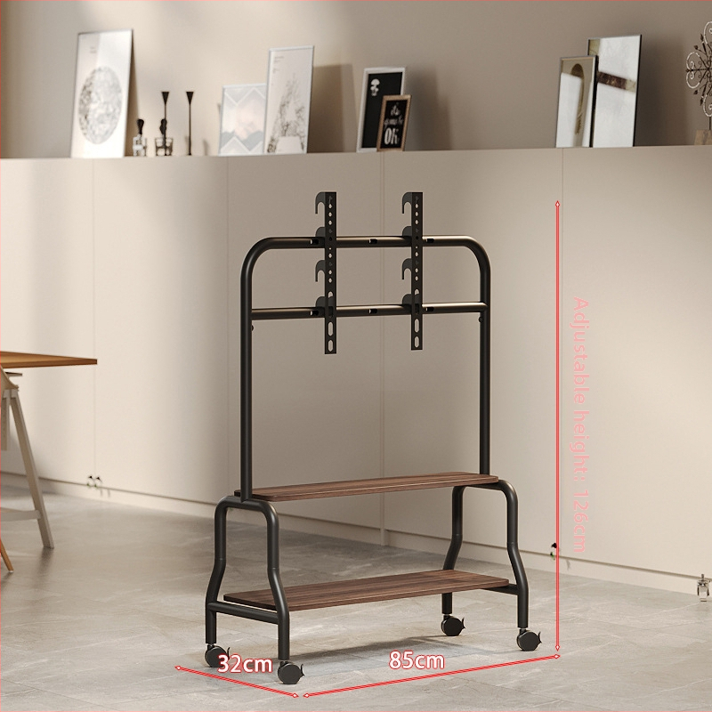 Televízny stojan na podlahe s nerezovým rámom, orechové drevené poličky, mobilný vozík s univerzálnymi kolieskami