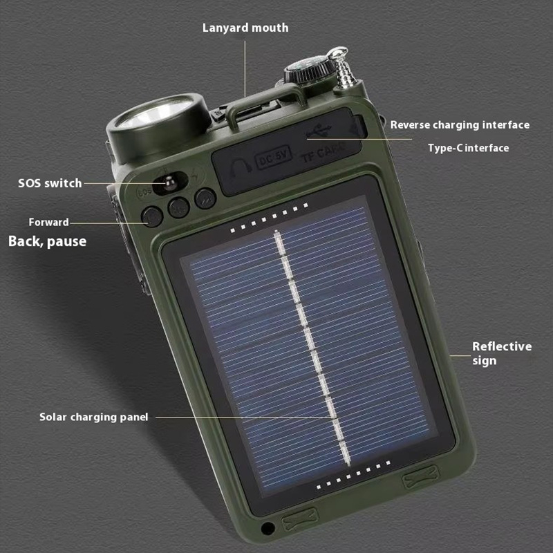 Vanjski radio s Bluetooth zvučnikom za nuždu, ugrađena baterija 2000–4000 mAh, Bluetooth 5.0, IPX3 vodootpornost, raspon frekvencija 100 Hz–20 kHz, izlazna snaga 5 W