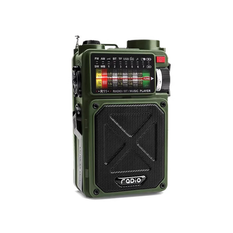 Vanjski radio s Bluetooth zvučnikom za nuždu, ugrađena baterija 2000–4000 mAh, Bluetooth 5.0, IPX3 vodootpornost, raspon frekvencija 100 Hz–20 kHz, izlazna snaga 5 W
