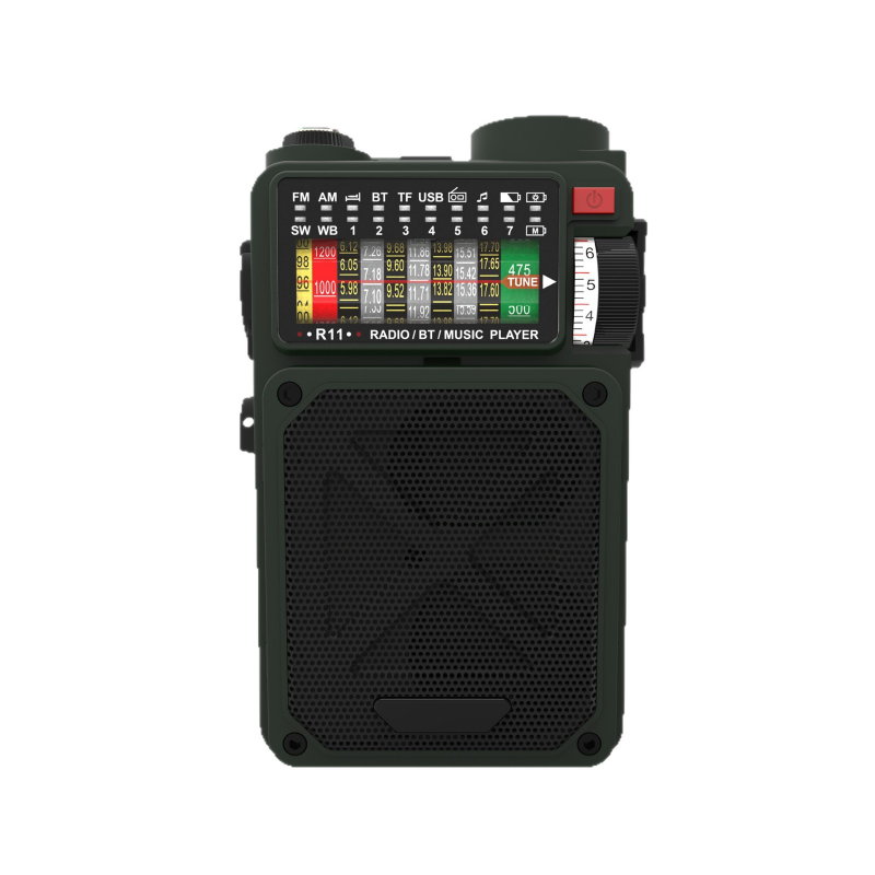 Vanjski radio s Bluetooth zvučnikom za nuždu, ugrađena baterija 2000–4000 mAh, Bluetooth 5.0, IPX3 vodootpornost, raspon frekvencija 100 Hz–20 kHz, izlazna snaga 5 W