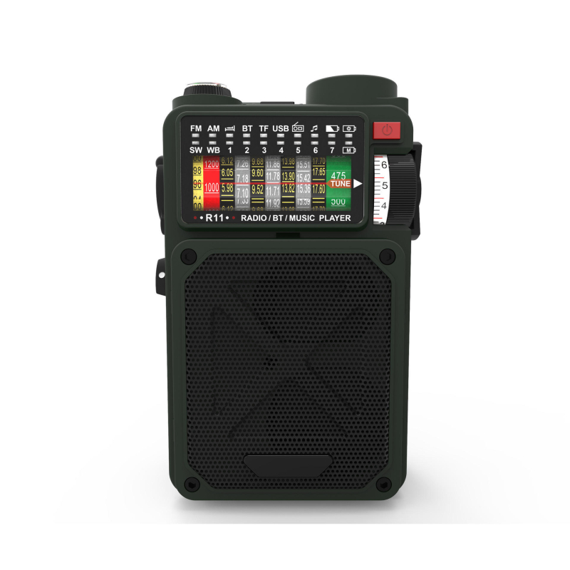 Vanjski radio s Bluetooth zvučnikom za nuždu, ugrađena baterija 2000–4000 mAh, Bluetooth 5.0, IPX3 vodootpornost, raspon frekvencija 100 Hz–20 kHz, izlazna snaga 5 W