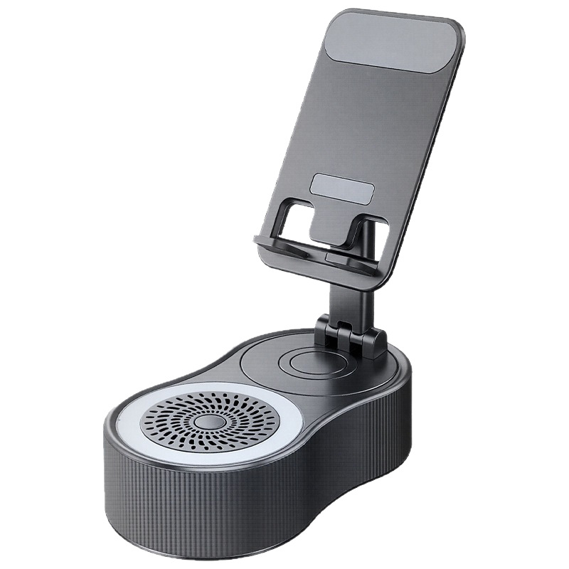 Pet u jednom: rotirajući stalak za telefon s podizanjem, ugrađena baterija, Bluetooth zvučnik i atmosfersko svjetlo — Bluetooth 5.2, 10W, 1200–2000mAh, 100Hz–20kHz, SNR ≥85dB