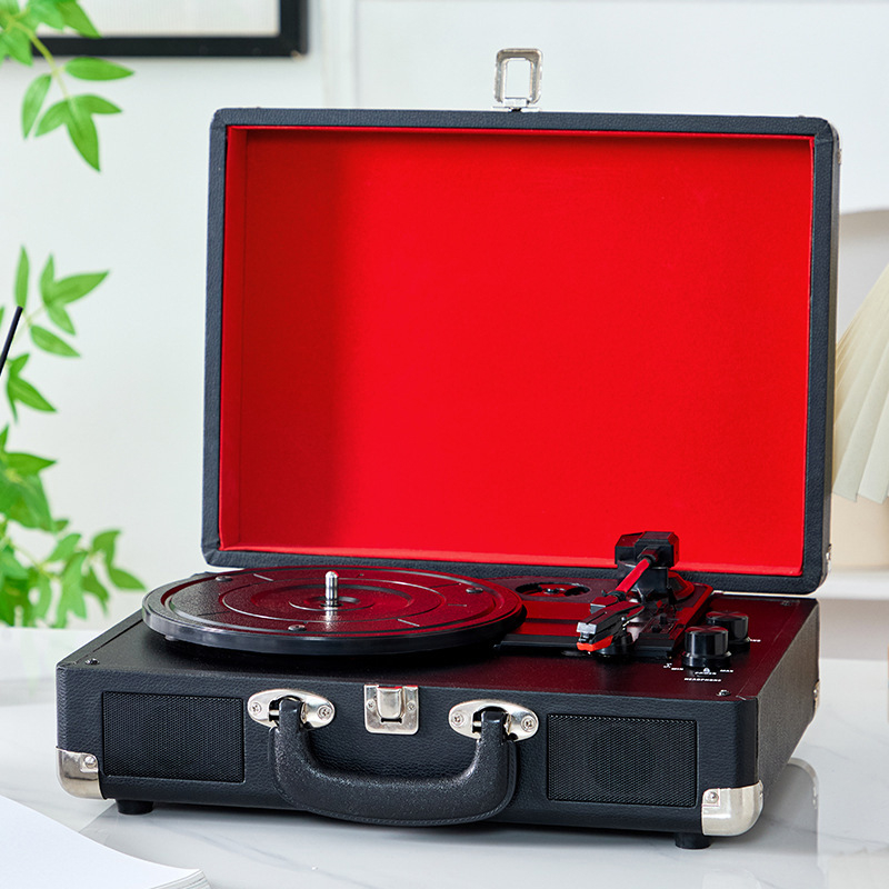 Prijenosni drveni retro vinilni gramofon u stilu kufra - Bluetooth 5.0, USB napajanje, 2 zvučnika, frekvencijski raspon 100 Hz–20 kHz, SNR ≥75 dB