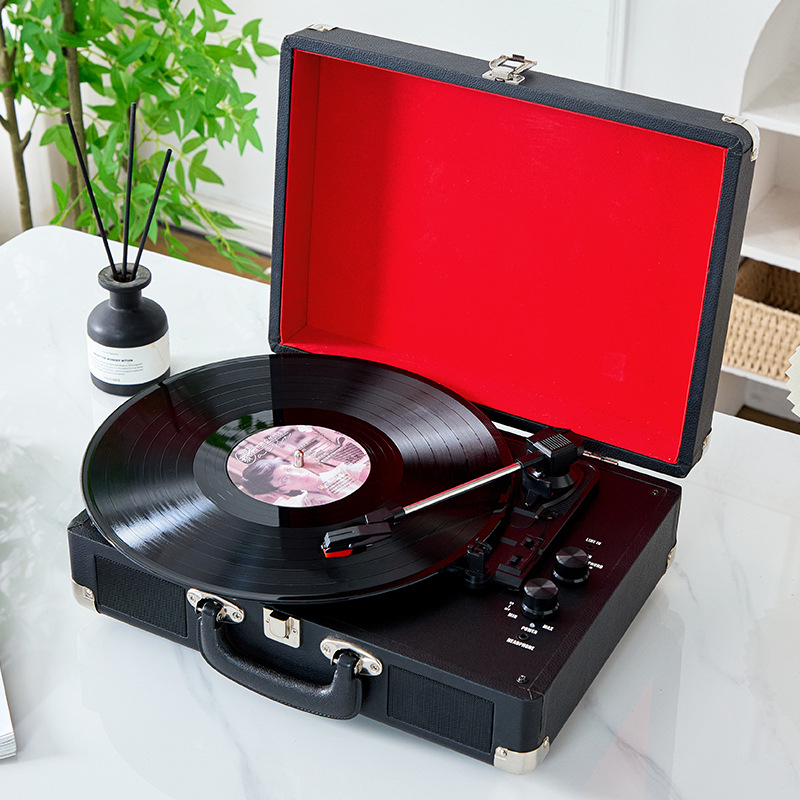 Prijenosni drveni retro vinilni gramofon u stilu kufra - Bluetooth 5.0, USB napajanje, 2 zvučnika, frekvencijski raspon 100 Hz–20 kHz, SNR ≥75 dB