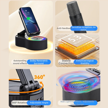 Prijenosni Bluetooth zvučnik s 5-u-1 karaoke Power Bank, RGB svjetlom i držačem za mobitel