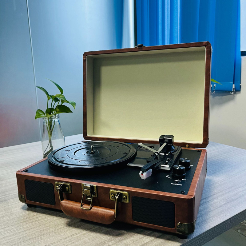 Turntable de vinil cu difuzor Bluetooth, design retro portabil, carcasă din lemn, difuzoare duale, Bluetooth 5.0, putere de 5W, alimentat cu baterie litiu