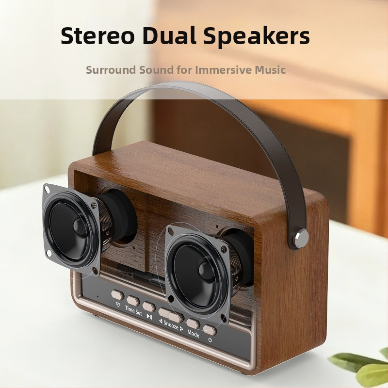 Difuzor Bluetooth portabil pentru exterior și birou, în design retro din lemn, cu radio FM și ceas cu alarmă (Bluetooth 5.3, 10W, baterie încorporată 1200–2000mAh, 40Hz–20kHz, rază 10 m)