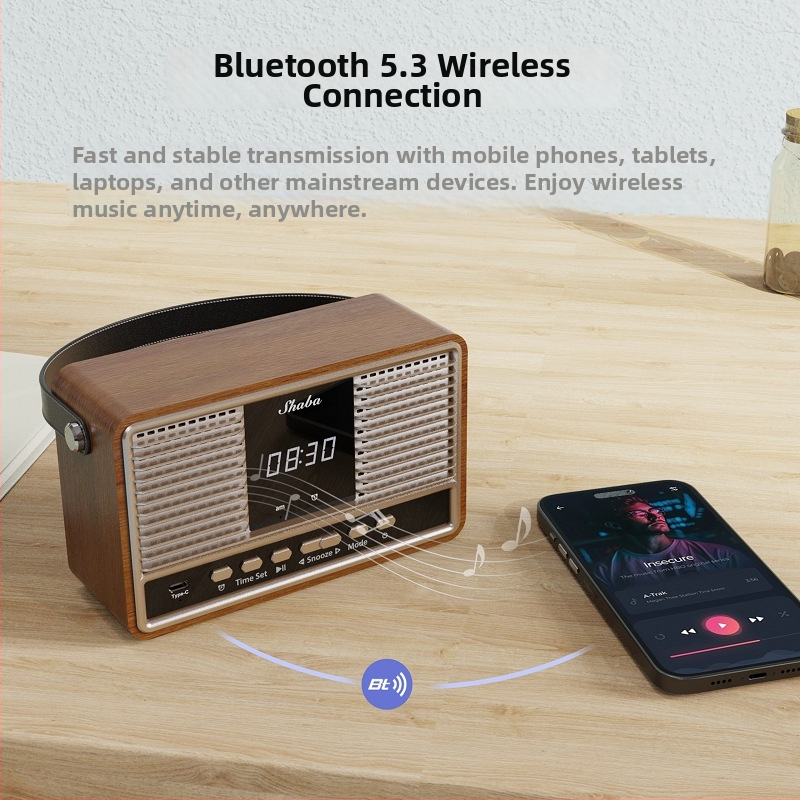 Difuzor Bluetooth portabil pentru exterior și birou, în design retro din lemn, cu radio FM și ceas cu alarmă (Bluetooth 5.3, 10W, baterie încorporată 1200–2000mAh, 40Hz–20kHz, rază 10 m)