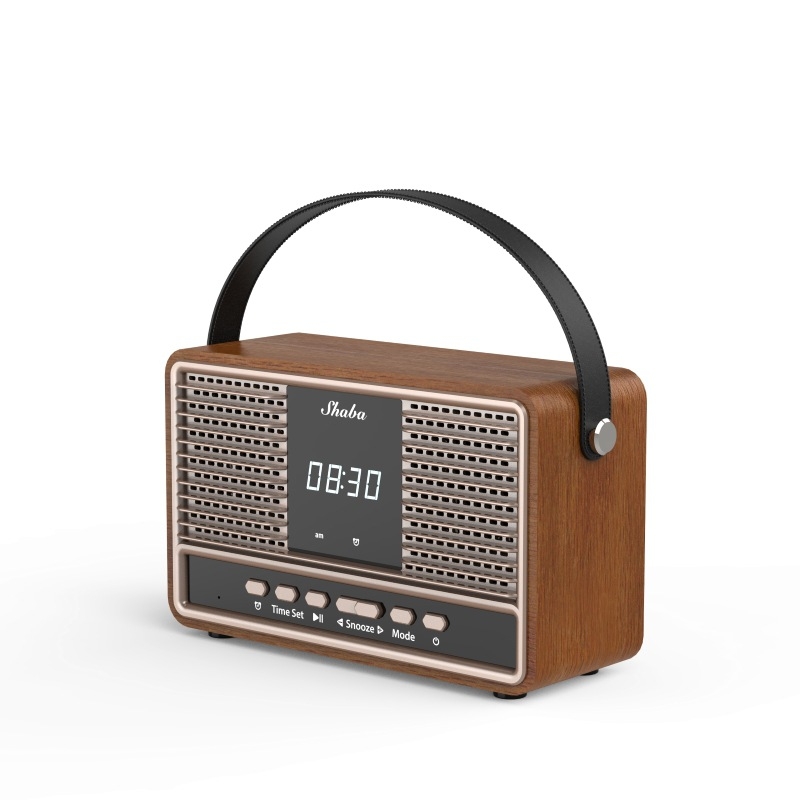 Difuzor Bluetooth portabil pentru exterior și birou, în design retro din lemn, cu radio FM și ceas cu alarmă (Bluetooth 5.3, 10W, baterie încorporată 1200–2000mAh, 40Hz–20kHz, rază 10 m)