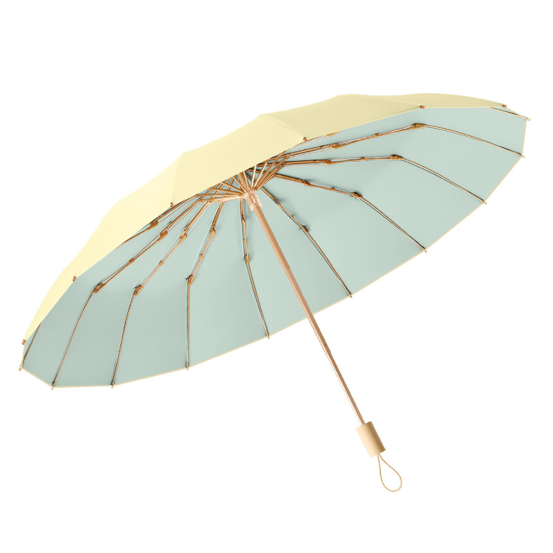 Női nap- és esőhöz használható esernyő, háromrészes összecsukható, megerősített, UPF50+ UV védelem, 16 bordás vas váz, ötvözet szár és fa nyél